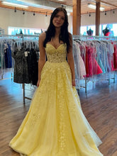 Vestidos de baile amarelos sem alças, renda, linha A, formal, online